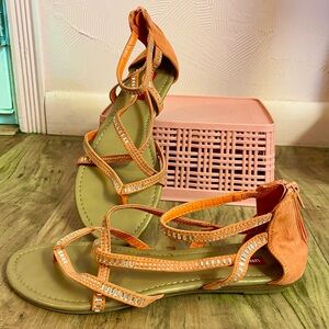 UNIONBAY Orange Coral Strappy Sandals Flip-Flop sparkle ankle strap 9.5 resort